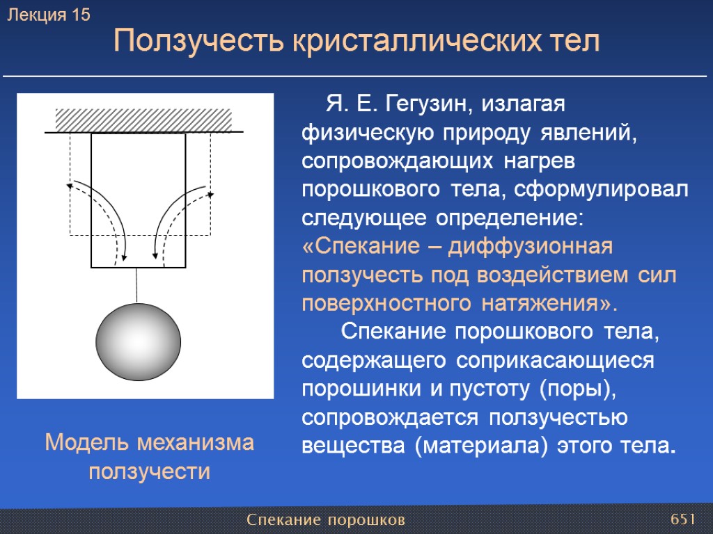 Спекание порошков 651 Ползучесть кристаллических тел Я. Е. Гегузин, излагая физическую природу явлений, сопровождающих